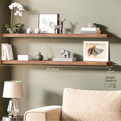 Ballucci Floating Shelves, 55" Wood Wall Shelf Set of 2, with Invisible Brackets for Bathroom, Living Room, Bedroom, Kitchen, Nursery, 6" Deep, Rustic Brown - color: Rustic Brown, size: 55.1 inches