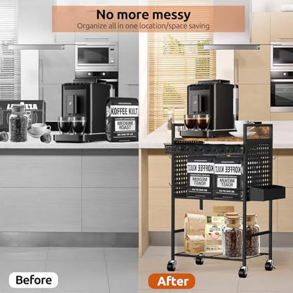Compact Coffee Bar Cabinet with Power Outlet, Lockable Wheels, and Storage Drawer - Rustic Brown & Black for Office, Living Room, or Small Spaces