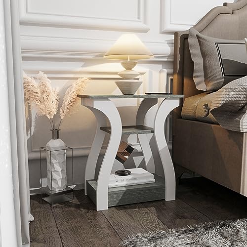 FROMJBEST End Tables Living Room, Grey End Table with Charging Station | Side Table Living Room, with USB Ports and Outlets, Nightstand for Bedroom, 3-Tier Storage Shelf, Bedside Table - color: Grey