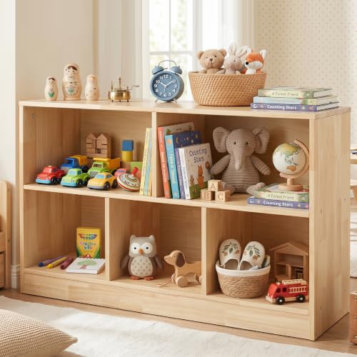 Montessori Toy Storage Organizer,Rubber Wood Kids Storage Bookshelf with 5 Compartments,Wooden Kids Storage Bookcase Cabinet for Toddler Playroom, Bedroom (Natural, 2-Tier, Rectangular-Medium)