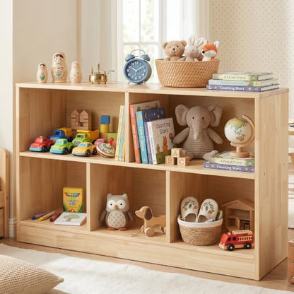 Montessori Toy Storage Organizer,Rubber Wood Kids Storage Bookshelf with 5 Compartments,Wooden Kids Storage Bookcase Cabinet for Toddler Playroom, Bedroom (Natural, 2-Tier, Rectangular-Medium)