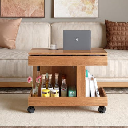 Multifunctional End Table with Wheels and 360° Rotating Desktop | Rolling Design, Storage Compartment, Sofa Side Narrow Table, Bedside Use, Living Room & Bedroom - color: Natural-7.15