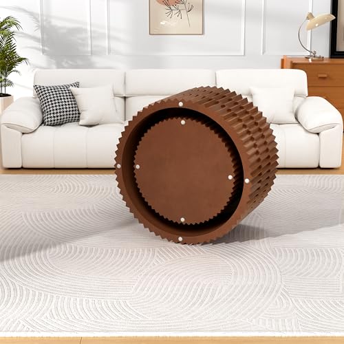 Round Nesting Coffee Table Set of 2 Modern Fluted Coffee Table Walnut Round End Table Small Side Table Circular Coffee Tables Circle Nested Coffee Tables for Living Room (Brown Large) - color: Brown Large