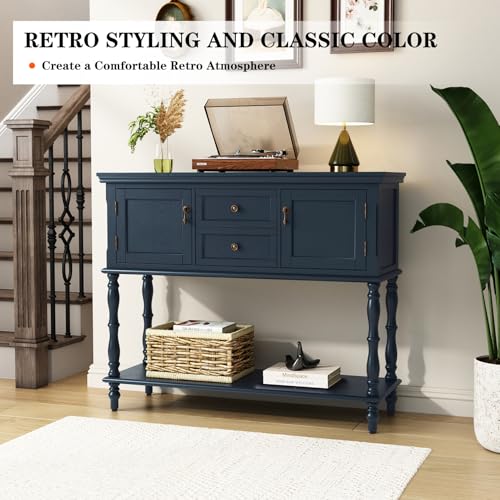 ARTPOWER Console Table with 2 Drawers, Retro Entryway Table with 2 Door Cabinets and Open Storage Shelf, Narrow Long Behind Couch Sofa Table for Living Room, Foyer, Hallway, Blue - color: Blue