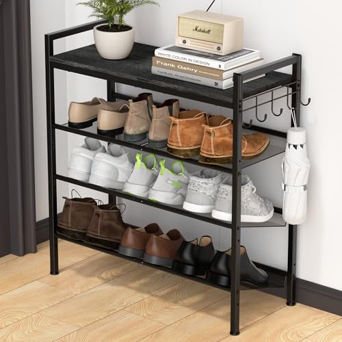 Shoe Rack for Front Door Entrance, 4 Tier Height-Adjustable Metal Shoe Rack, Sturdy Wooden Top and Tiltable Steel Frame Heavy Duty Shoe Organizer for Bathroom,Bedroom,Kitchen, Include Hook, Black - color: Black + Black, size: 4-Tier (11.8"D x 29.1"Wx 30.7