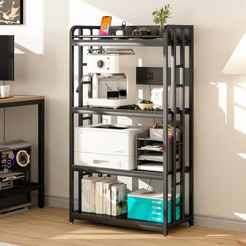 METYERRY Adjustable 4-Tier Heavy Duty Kitchen Baker's Rack with Power Outlet, with Industrial Wheels, Free Standing Microwave Oven Cart Stand for Storage, Garage, Mini Fridge Stand, Black - color: Black