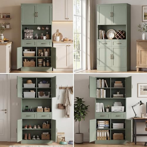 HOSTACK 71" Tall Kitchen Pantry Storage Cabinet, Wood Kitchen Hutch, Green | Modern Pantry Cabinet with Microwave Stand, Hutch Cabinet with Countertop & Drawers, Storage Cabinet for Living Room - color: Green + Bronze Handles