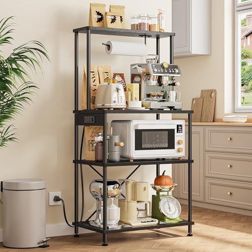 SUPERLELE 4 Tier Baker's Rack with Charging Station, Kitchen Coffee Bar Table with Power Outlets & Paper Towel Holder, 23.6x13x49.2'' Industrial Standing Microwave Shelf for Small Spaces, Black - color: Black, size: 23.6x13x49.2''(with Power Outlet)