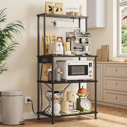 SUPERLELE 4 Tier Baker's Rack with Charging Station, Kitchen Coffee Bar Table with Power Outlets & Paper Towel Holder, 23.6x13x49.2'' Industrial Standing Microwave Shelf for Small Spaces, Black - color: Black, size: 23.6x13x49.2''(with Power Outlet)