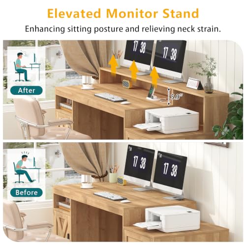 65" Farmhouse Computer Desk with Drawers and Printer Stand for Home Office | Office Desk with Power Outlets and Storage Cabinet, Study Writing Desks with Long Monitor Stand, Oak - color: Oak