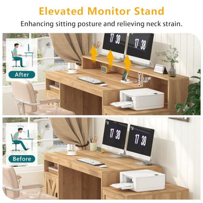 65" Farmhouse Computer Desk with Drawers and Printer Stand for Home Office | Office Desk with Power Outlets and Storage Cabinet, Study Writing Desks with Long Monitor Stand, Oak - color: Oak