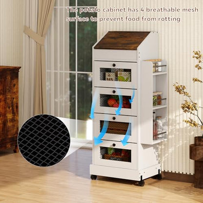 ARTETHYS Potato Storage Bin 5-Tier Rolling White Bread Box with Side Rack | Onion Keeper with Spice Rack on Wheels, Movable Fruit & Vegetable Container with 4 Ventilated Drawers for Kitchen - color: White