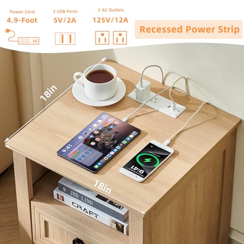 Joaxswe 18" Farmhouse Night Stand with Charging Station, 2 Drawers Bedside End Table, Natural Wooden Nightstand, Bed Side Table Cabinet with Open Shelf for Bedroom Living Room Office - color: Natural Set 1, size: 2 Drawers