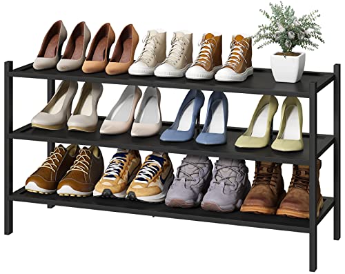 kiplant Black Long Shoe Rack, 3-Tier Bamboo Wood Shoe Rack for Entryway, Stackable | Foldable | Natural, Shoe Organizer for Hallway Closet, Free Standing Shoe Racks for Indoor Outdoor - color: Black, size: 3-Tier_Long