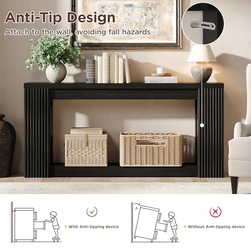 Maupvit Fluted Wooden Console Table with 2 Storage, 71 Inches Rectangular Entryway Table Behind The Couch, Farmhouse Boho Sofa Table for Entrance, Hallway, Living Room (Black) - color: Black