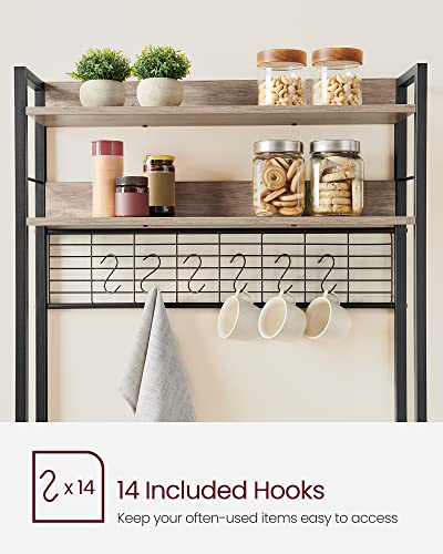 VASAGLE Bakers Rack with Power Outlet, Microwave Stand, Kitchen Tall Utility Storage Shelf, with Metal Wire Panel, 14 Hooks, 15.7 x 31.5 x 66.9 Inches, Heather Greige and Ink Black UKKS025B02 - color: Heather Greige + Ink Black, size: 31.5"W