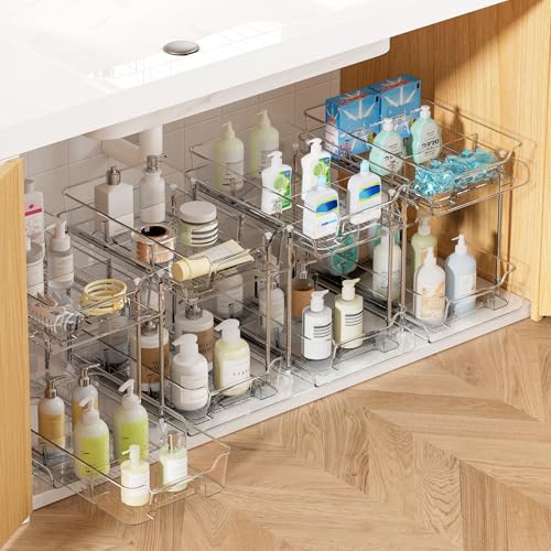 Vtopmart 4 Pack 2 Tier Bathroom Under Sink Organizers and Storage, Clear Kitchen Pantry Organization, Pull Out Medicine Cabinet Organizer with Movable Dividers - color: Transparent, size: S-Divided (4 Pack)