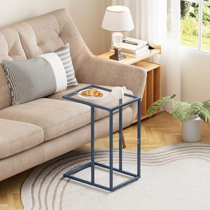 C Table End Table, Glass Couch Side Table, Tempered Glass Snack Side Table with Metal Frame, TV Tray Table for Small Space, Sofa Couch Side Tableand Bed Side Table(Blue) - color: Blue
