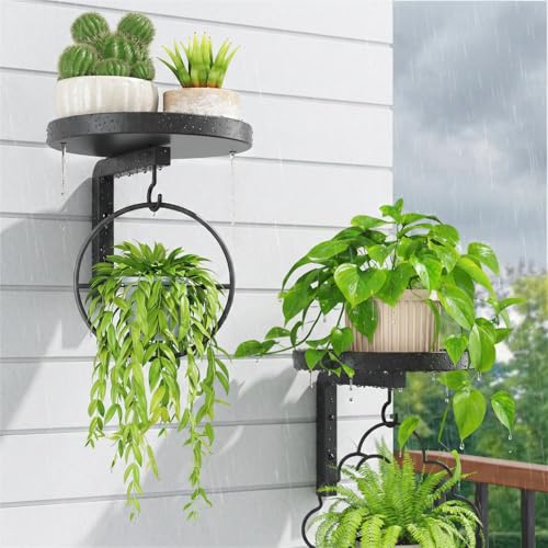 iDavosic.ly Plant Wall Hanger Set of 2 for Outdoor with Drain Hole, Black | Metal Floating Flower Display Holder Stand for Window with 2 Hooks, Space Saving, Easy to Assemble (Pots/Chains Not Included) - color: Black with Holes(Outdoor Use), size: 2 Pack