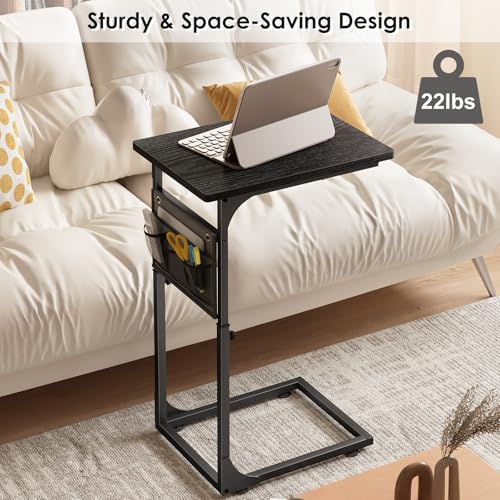 Fixwal C Shaped End Table Adjustable Height Side Table for Couch, TV Tray with Storage Bag Slide Under Sofa Small Tables for Living Room, Bedroom & Office, Black - color: Black, style: Long Board