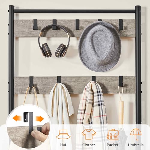 Yaheetech 3-in-1 Hall Tree Bench and Shoe Storage, Entryway Coat Rack, Gray | Easy setup, 275-lb metal-frame bench, 9 movable hooks, 2-tier shoe rack, fits narrow apartment entryways and hallways - color: Grey, size: 28.5'' W