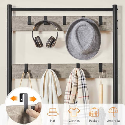 Yaheetech 3-in-1 Hall Tree Bench and Shoe Storage, Entryway Coat Rack, Gray | Easy setup, 275-lb metal-frame bench, 9 movable hooks, 2-tier shoe rack, fits narrow apartment entryways and hallways - color: Grey, size: 28.5'' W