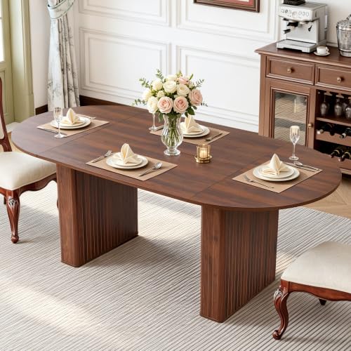 weselon 78.7" Oval Dining Table for 6-8 People, Large Kitchen Dining Table with Fluted Pedestal Base, Modern Minimalist Dining Room Table with 3-Piece Tabletop, Walnut (Chairs Not Included) - color: Walnut, size: 78" Oval