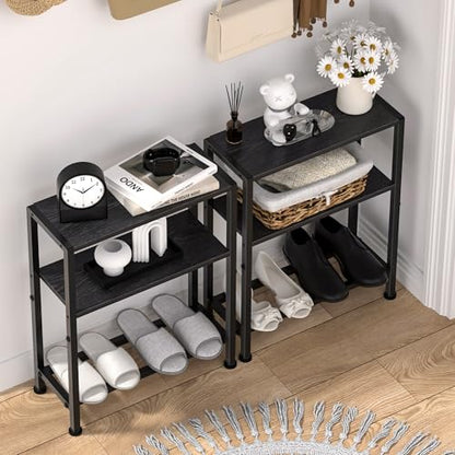 Narrow Side Table Set of 2 for Small Space, 2-Tier Small End Table with Shelf Holder, Slim Nightstand, Skinny Snack Couch Table in Living Room, Bedroom, Study, Kitchen and Balcony (Black) - color: Black