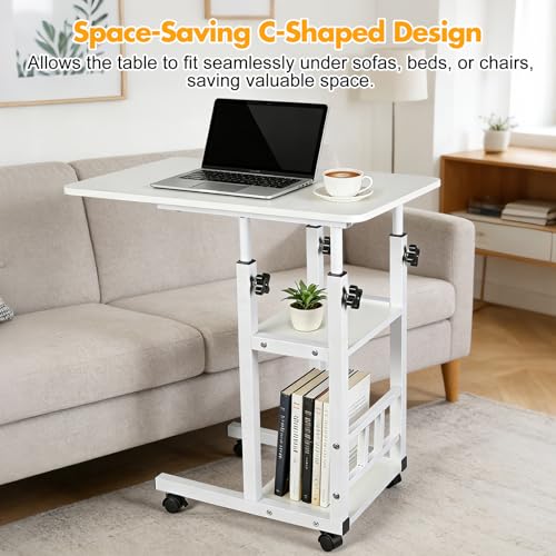 Adjustable C Table,Over Bed Table with Wheels,Rolling Side Table, Over Bed Table with Wheels, Bedside Table, for Sofa Side Small Space, Stable Multi Storage Desk (White) - color: White