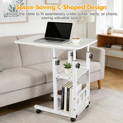 Adjustable C Table,Over Bed Table with Wheels,Rolling Side Table, Over Bed Table with Wheels, Bedside Table, for Sofa Side Small Space, Stable Multi Storage Desk (White) - color: White