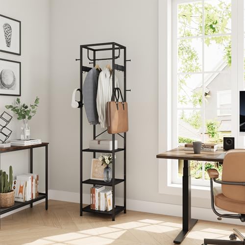 ELYKEN Coat Rack Freestanding, Hall Tree with 3 Storage Shelves and 12 Hooks, Metal Clothes Rack Stand Organizer for Bedroom, Hallway, Entryway, Office, Living Room, Black - color: Black