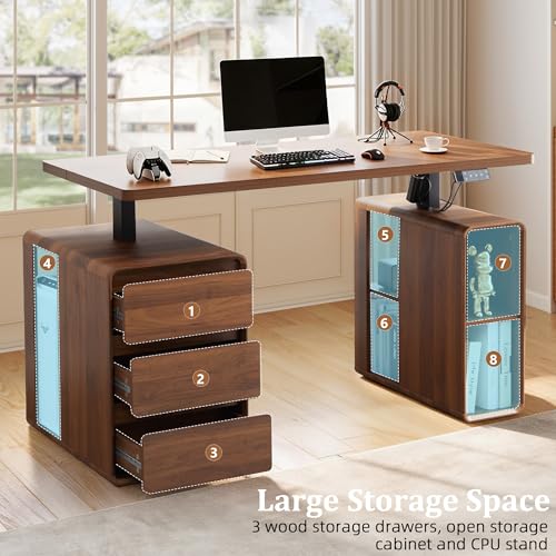 Electric Standing Desk with Drawers, 55" Office Desk Height Adjustable Executive Desk with Storage Shelves, Simple Setup Wood Desk Home Office Stand up Desk for Work, Study, Writing, Walnut - color: Walnut