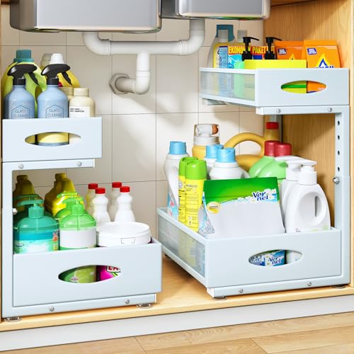 Under Sink Organizer, 2 Pack 2 Tier Pull Out Under Cabinet Organizer Shelf with Pad for Framed Cabinets, Metal Slide Out Under Sink Storage, Mesh Sliding Drawers for Kitchen Bathroom Laundry, Blue - color: Blue, size: 2-Pack