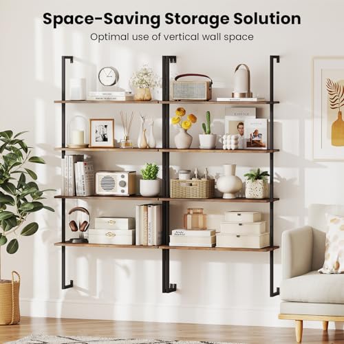 Tangkula 4-Tier Wall-Mounted Bookshelf, Industrial Floating Storage Display Shelves with Metal Frame, Wall-Mounted Ladder Wooden Bookcase for Living Room, Kitchen, Bar, Office (1, Brown) - color: Brown