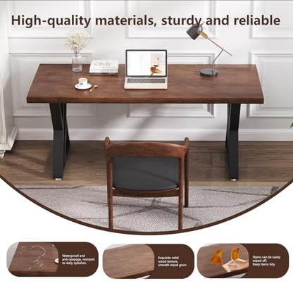 tiedingdingjiajuSolid Wood Desk 63 Inch, Rustic Wooden Writing Desk with Sturdy Metal Frame, Modern Simple Design Executive Real Wood Computer Desk for Home Office, Bedroom & Living Room - size: 62.99in