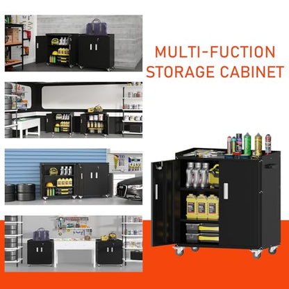 Washsemba Metal Garage Storage Cabinet with Wheels ，Lockable Rolling Tool Chest on Wheels, Utility Cabinet for Home, Office, Garage and Workshop(Black)