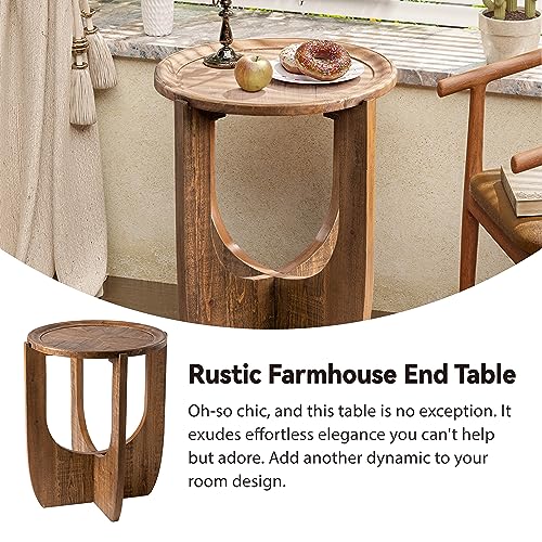 COZAYH Rustic Farmhouse Round End Table with Tray Top, Curved Legs, Brown | French Country Accent Side Table for Small Spaces, Family, Dinning or Living Room, Modern