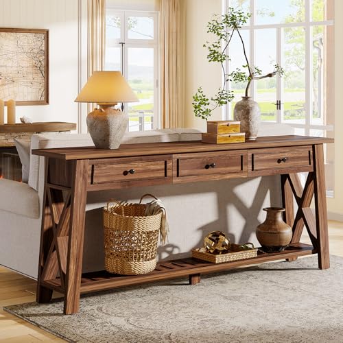 Tribesigns Console Table with 3 Storage Drawers, 70.87 Inches Extra Long Sofa Table Behind Couch with Bottom Shelf, Farmhouse Wooden Entryway Hallway Foyer Table for Living Room, Entrance (Walnut) - color: Walnut
