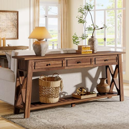 Tribesigns Console Table with 3 Storage Drawers, 70.87 Inches Extra Long Sofa Table Behind Couch with Bottom Shelf, Farmhouse Wooden Entryway Hallway Foyer Table for Living Room, Entrance (Walnut) - color: Walnut