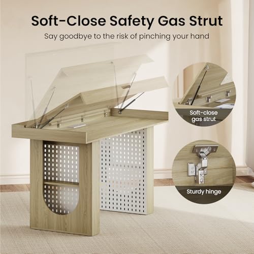 55" Convertible Computer Desk, 2-in-1 Flip-Top Desk & Dining Table with Hidden Storage, Built-in Power Strip, Pegboard, Soft-Close Gas Spring, Space-Saving for Small Apartment, Light Walnut - color: Ligjht Walnut