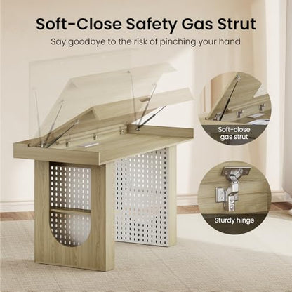 55" Convertible Computer Desk, 2-in-1 Flip-Top Desk & Dining Table with Hidden Storage, Built-in Power Strip, Pegboard, Soft-Close Gas Spring, Space-Saving for Small Apartment, Light Walnut - color: Ligjht Walnut