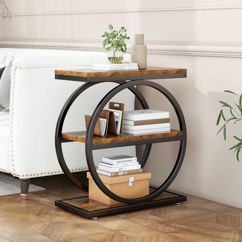 IBUYKE Narrow End Table with 3 Storage Shelves, Industrial Sofa Side Table, Double Round Metal Frames, Slim Nightstand and Bedside Table for Bedroom, Living Room, Rustic Brown UTMJ418H - color: Rustic Brown