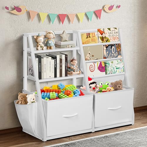 LOFTEY Kids Bookshelf and Toy Storage, Toy Box with Bookshelf, White | 29.5" Child-Friendly Height, 2 Large Fabric Drawers, 4 Sling Book Pockets, Anti-Tip Straps, for Nursery, Bedroom and Playroom
