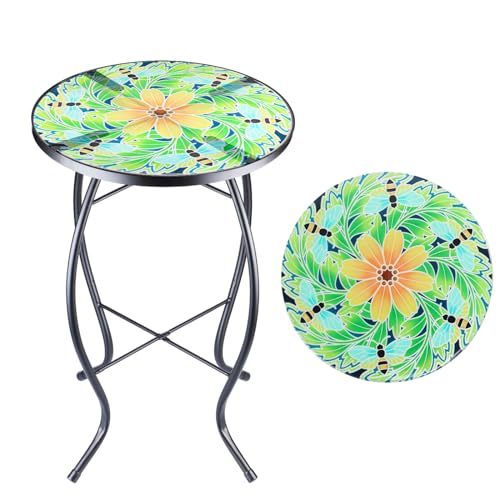 VCUTEKA Outdoor Side Table Mosaic End Patio Side Table Small End Tables Glass Top Round Balcony Coffee Tables Porch Indoor Glass Top Bee 14'' - color: Bee