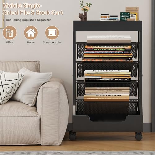 UMDONX Modern Mobile Single-Sided Metal Book Cart | Features A Metal Top Panel, A Base, and Clip-in Shelves; Suitable for Home, Office, and Classroom - color: Black