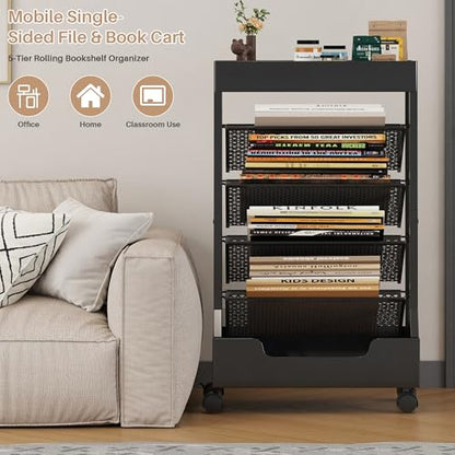 UMDONX Modern Mobile Single-Sided Metal Book Cart | Features A Metal Top Panel, A Base, and Clip-in Shelves; Suitable for Home, Office, and Classroom - color: Black