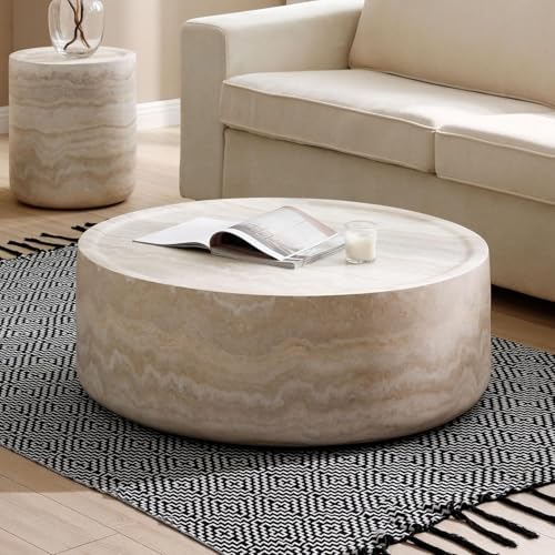 31.49'' Round Coffee Table for Living Room Drum Coffee Table Modern Faux Travertine Stone Coffee Table for Apartment, No Need Assembly (Fiberglass Marble Pattern) - color: Faux Stone-round-31.49inch-travertine-coffee