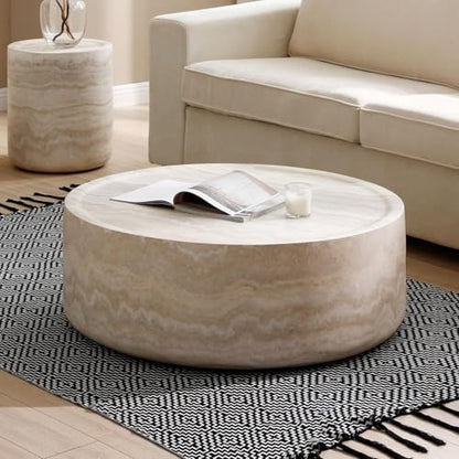 31.49'' Round Coffee Table for Living Room Drum Coffee Table Modern Faux Travertine Stone Coffee Table for Apartment, No Need Assembly (Fiberglass Marble Pattern) - color: Faux Stone-round-31.49inch-travertine-coffee