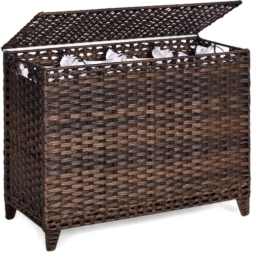 Laundry Hamper with 4 Removable Liner Bags; 176L Handwoven Rattan Laundry Basket with Lid & Heightened Feet; Clothes Hamper with Side Handles - color: Brown, size: 176L-4 Section