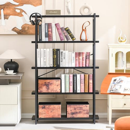 HCHQHS Bookshelf, 5-Tier Industrial Bookcase, Black Open Book Shelf, Freestanding Tall Bookshelves with Metal Frame - color: Ebony Black, size: 5-Tier (35.8"W x 65.7"H)